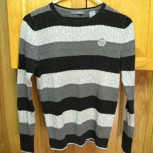 Liz Claiborne women’s gray and black wide stripe crewneck sweater / size MP